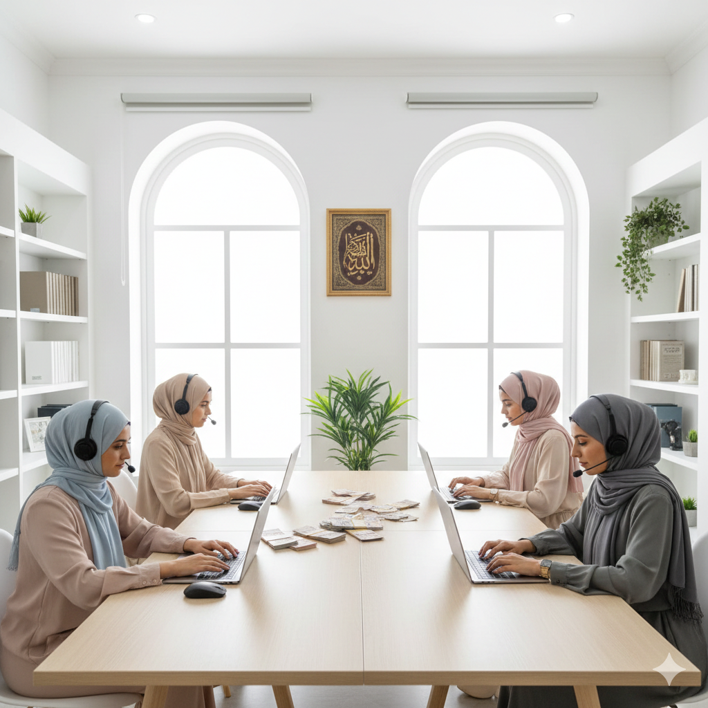 A smiling female teacher conducting a one-on-one online Islamic class on a laptop screen, MQT Academy